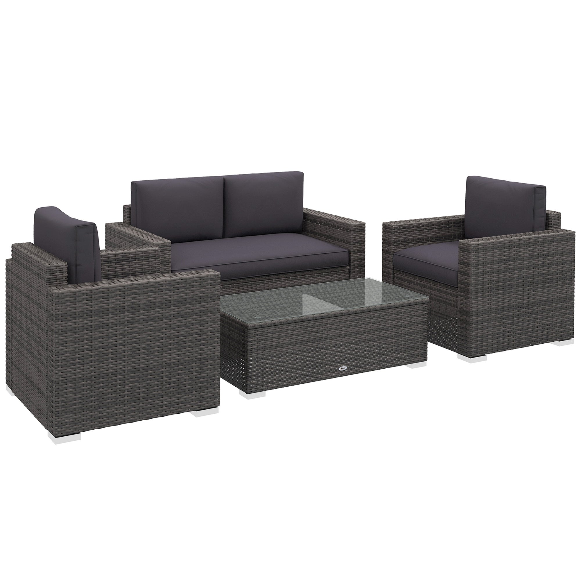Outsunny 4-Piece Rattan Wicker Sofa Set with Loveseat and Glass Coffee Table for Outdoor Gray - 841-086V02GY